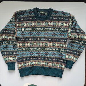 VTG 100% Shetland Wool Sweater Hunt Club Fair Isle Teal/Brown Men Med Shaggy dog